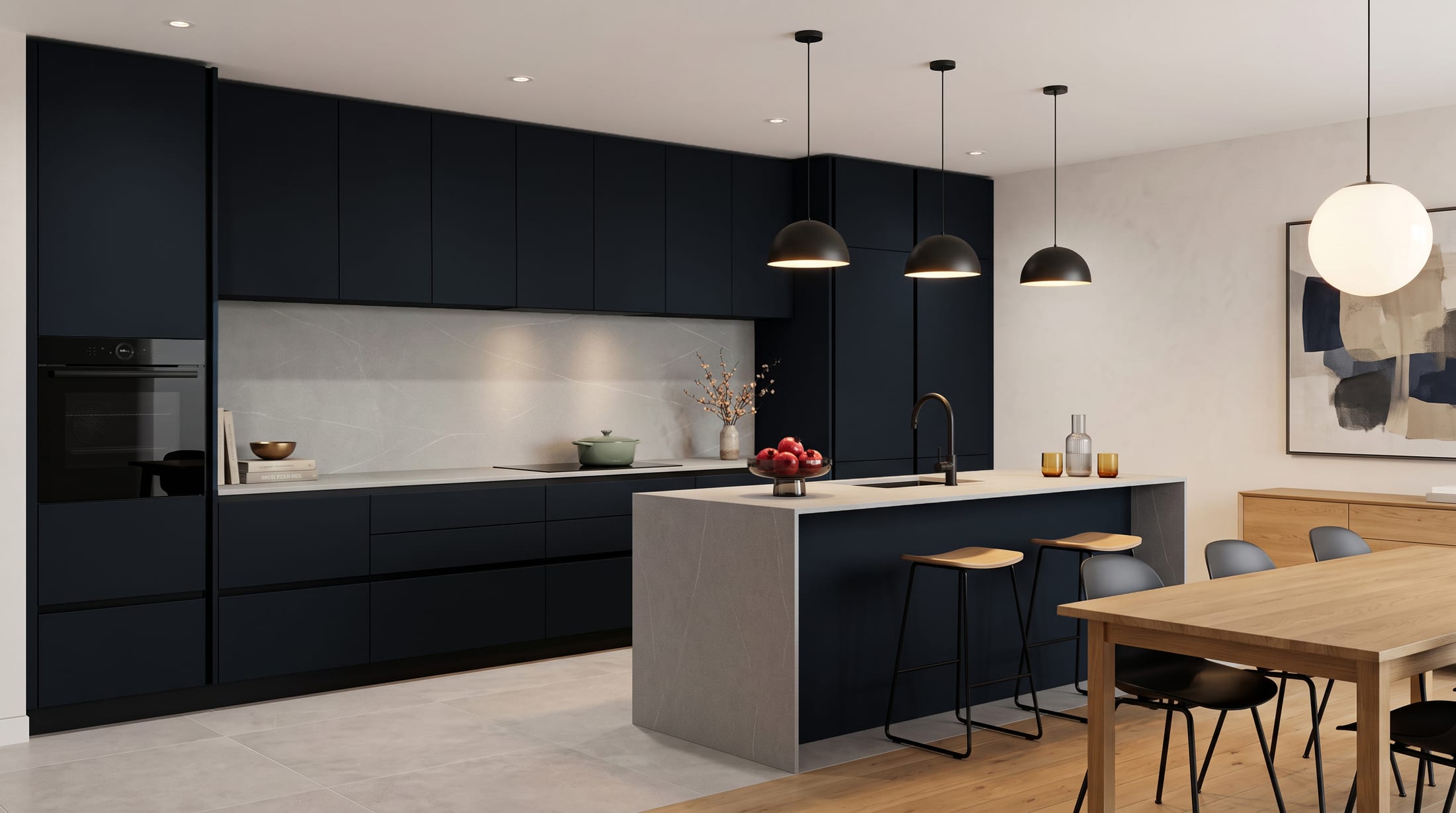 Gacaferi 1957 bespoke kitchen collection — deep navy handleless cabinetry with a pale veined island and black pendant lights